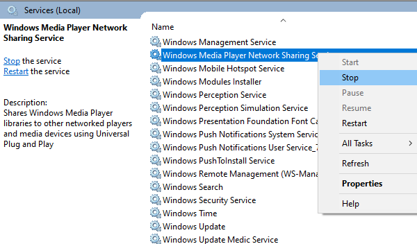 Tắt dịch vụ chia sẻ mạng Windows Media Player
