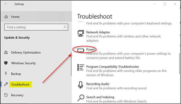 Troubleshoot nguồn Windows 10 Home