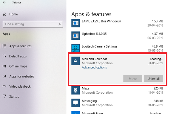 gỡ cài đặt Ứng dụng Thư trong Windows 10 qua Cài đặt