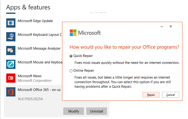 Sửa chữa Microsoft Office Online Nhanh chóng