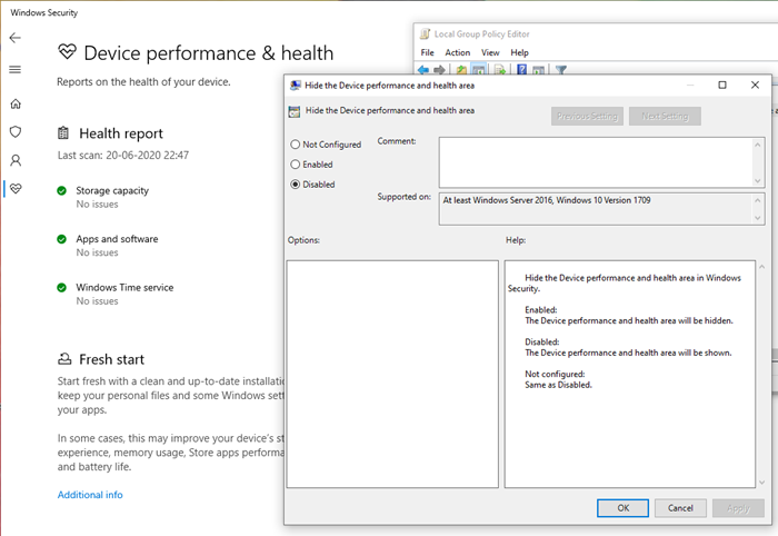 Bật Hiệu suất và Sức khỏe thiết bị trong Bảo mật Windows