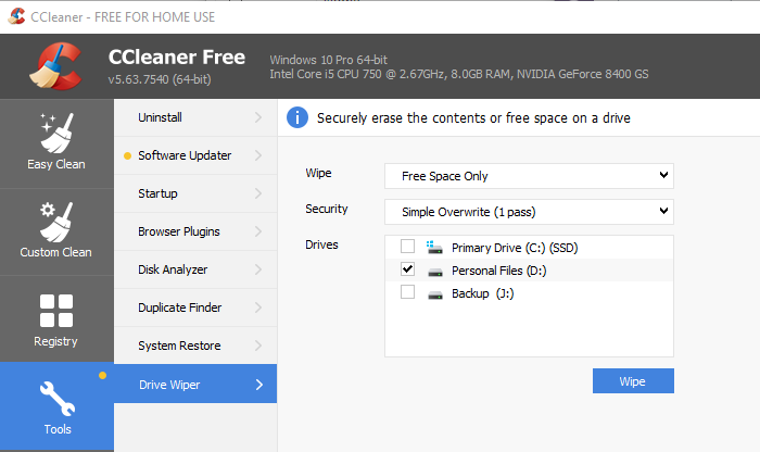 CCleaner Wiipe Ổ đĩa không gian miễn phí