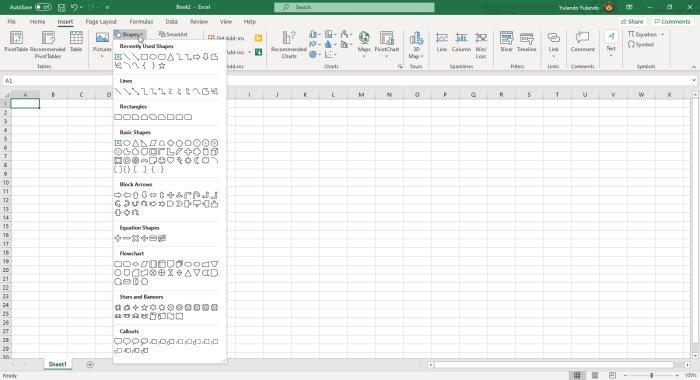 Tùy chọn Microsoft Office Excel Shapes thả xuống