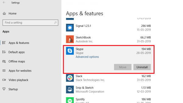gỡ cài đặt Ứng dụng Skype trong Cài đặt Windows 10