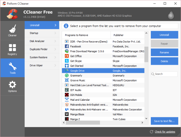 gỡ cài đặt ứng dụng Windows Store bằng CCleaner