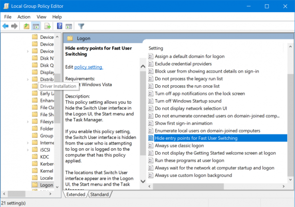 Bật hoặc tắt tính năng Chuyển đổi người dùng nhanh trong Windows 10