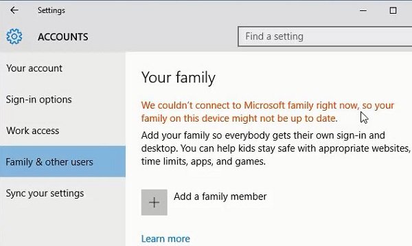 Chúng tôi không thể kết nối với gia đình Microsoft ngay bây giờ, vì vậy gia đình của bạn trên thiết bị này có thể không được cập nhật