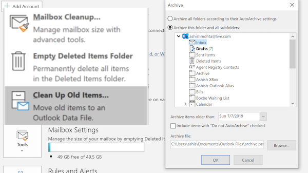 Lưu trữ các mục cũ sang các PST khác nhau Lỗi Outlook 0x8004060c Gửi/Nhận