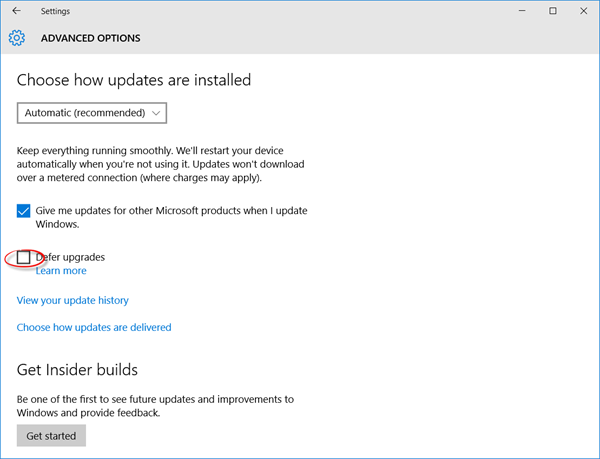 Trì hoãn nâng cấp trong Windows 10