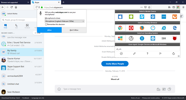 Trình chuyển đổi tác nhân Skype Firefox
