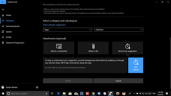 Gửi bản ghi màn hình bằng Trung tâm phản hồi trong Windows 10