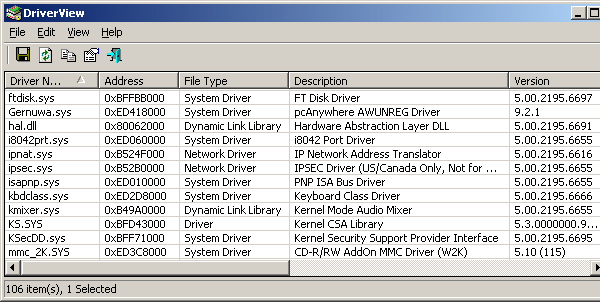 DriverView List Trình điều khiển Windows 10 Nirsoft