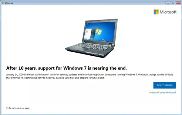 Thông báo kết thúc hỗ trợ của Windows 7