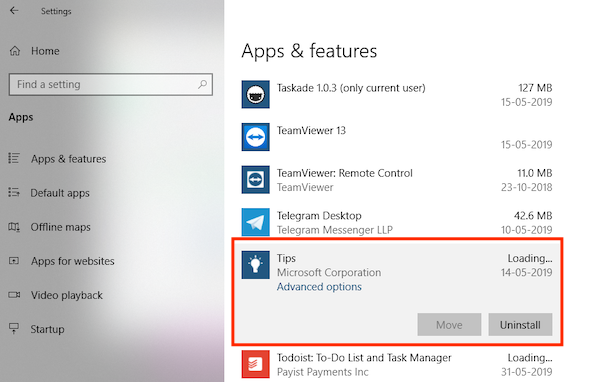 Gỡ cài đặt Ứng dụng Mẹo trong Windows 10 từ Cài đặt