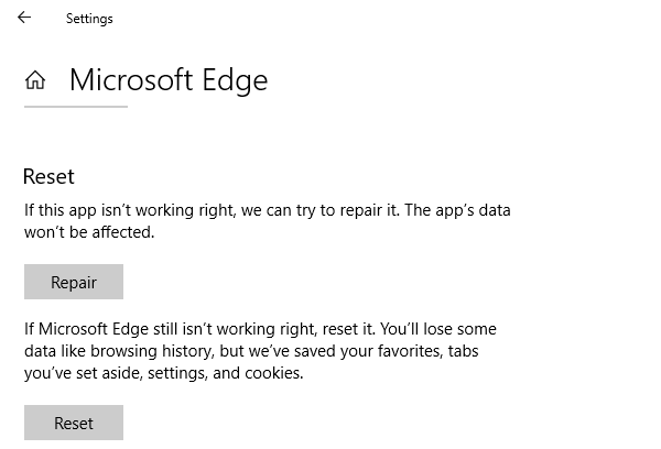 Đặt lại sửa chữa Microsoft Edge