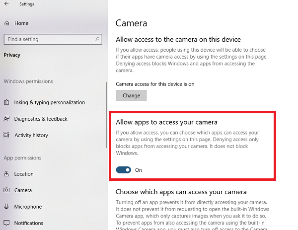 Cho phép các ứng dụng truy cập máy ảnh của bạn trong Windows 10