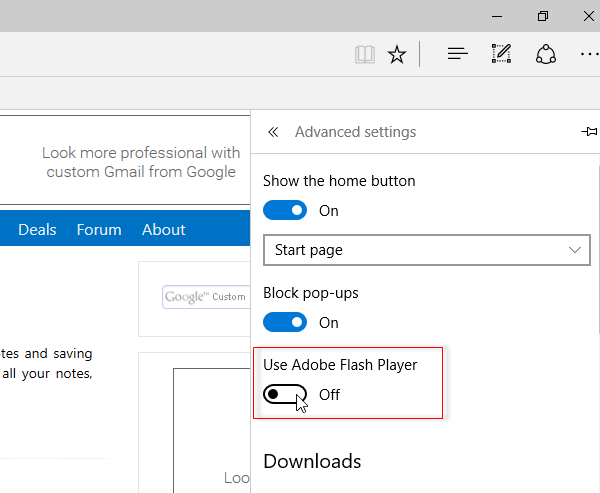 tắt flash trong Microsoft Edge