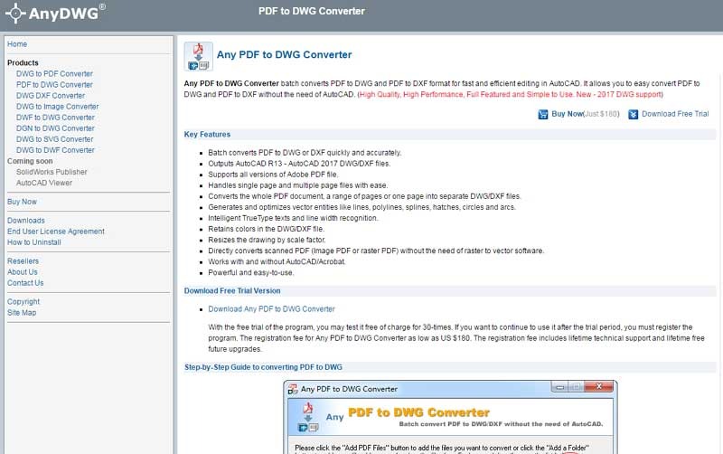 Giao diện trang web tải phần mềm chuyển PDF sang CAD của AnyDWG.