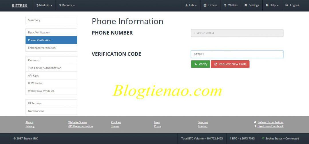 Verify số điện thoại trên Bittrex