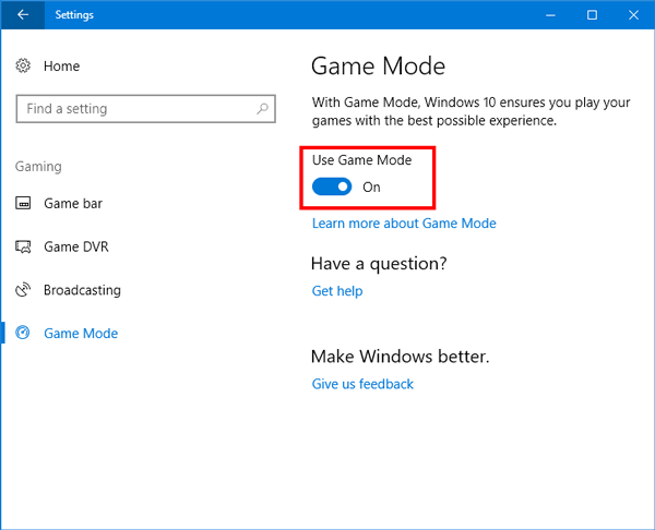 Chế độ trò chơi trong Windows 10