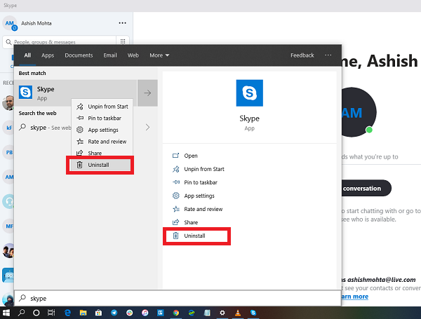 gỡ cài đặt Ứng dụng Skype trong Menu Start của Windows 10