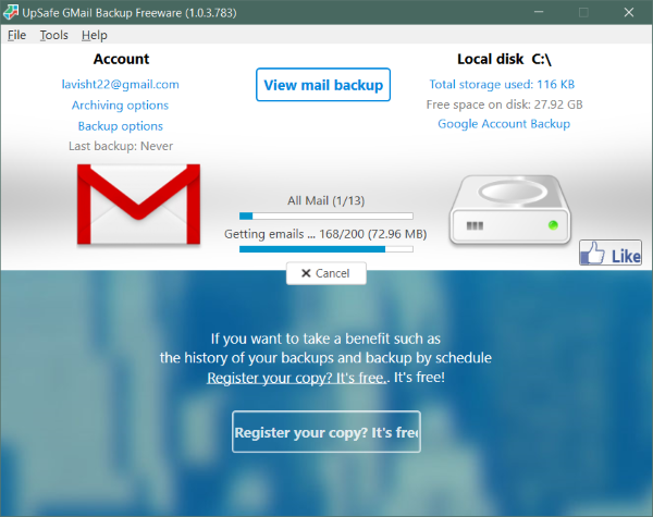Cách sao lưu email Gmail bằng UpSafe GMail Backup Freeware