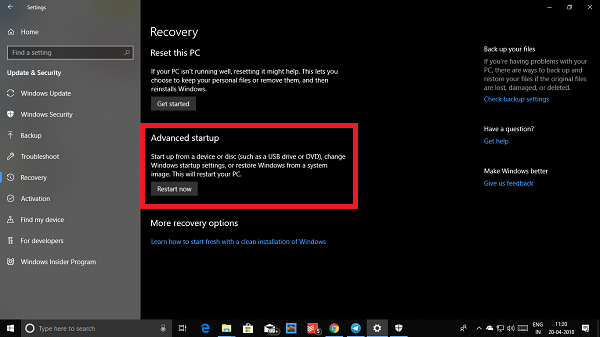 Tùy chọn Khôi phục Khởi động Nâng cao Windows 10