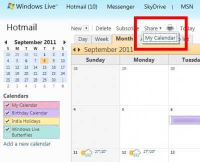 Cach xuat va nhap Lich trong Windows Live Hotmail