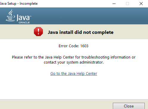 Cài đặt cập nhật Java không hoàn tất - Mã lỗi 1603
