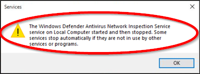 Dịch vụ kiểm tra mạng chống vi-rút của Windows Defender trên Máy tính cục bộ đã khởi động và sau đó dừng lại