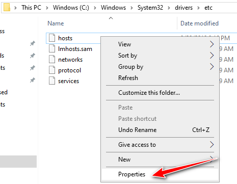 Nhấn chuột phải vào file hosts, chọn Properties