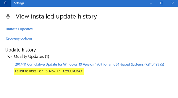 Windows Update không cài đặt được 0x80070643