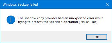 Nhà cung cấp bản sao bóng đã gặp lỗi không mong muốn khi cố gắng xử lý hoạt động được chỉ định (0x8004230F)