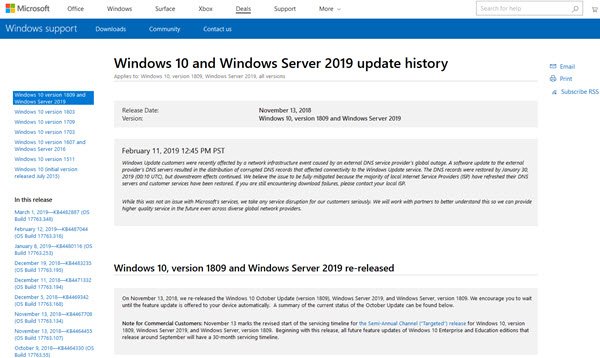 Trang Lịch sử cập nhật Windows 10