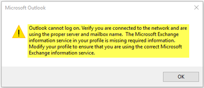 Outlook không thể đăng nhập, hãy xác minh rằng bạn được kết nối với mạng
