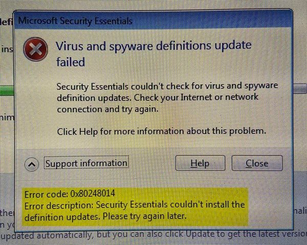 Microsoft Security Essentials Windows Update lỗi 0x80248014