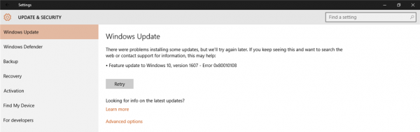 Lỗi cập nhật Windows 0x80010108