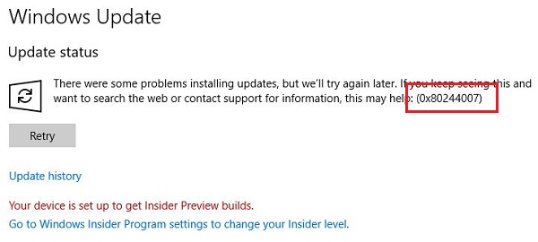 Lỗi cập nhật Windows 0x80244007