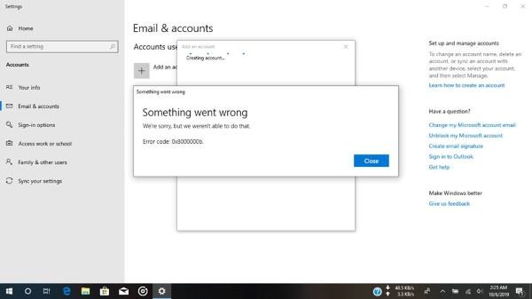 Lỗi ứng dụng Windows 10 Mail 0x8000000b