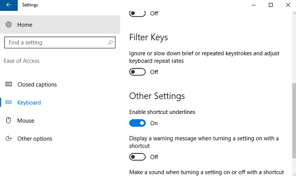 Gạch chân & Đánh dấu Phím tắt Menu trong Windows 10