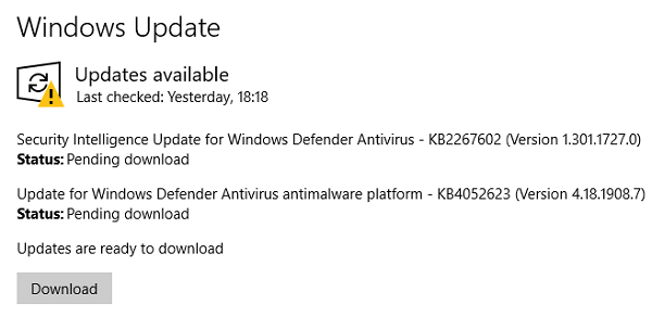 Trạng thái Windows Update Đang chờ tải xuống
