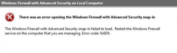 Tường lửa Windows với phần đính vào Bảo mật nâng cao không tải được, Lỗi 0x6D9