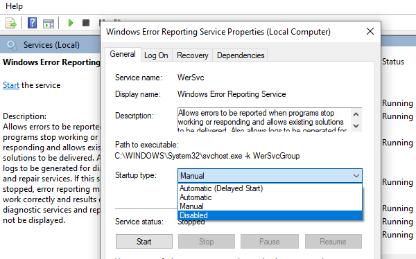 Tắt dịch vụ báo cáo lỗi của Windows