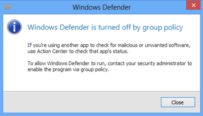 Windows Defender bị tắt bởi Group Policy
