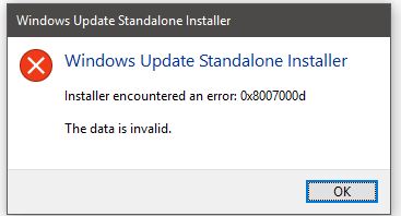 Khi bạn chạy Trình cài đặt ngoại tuyến Windows Update nếu bạn định lại thông báo lỗi Trình cài đặt gặp lỗi 0x8007000d, Dữ liệu không hợp lệ