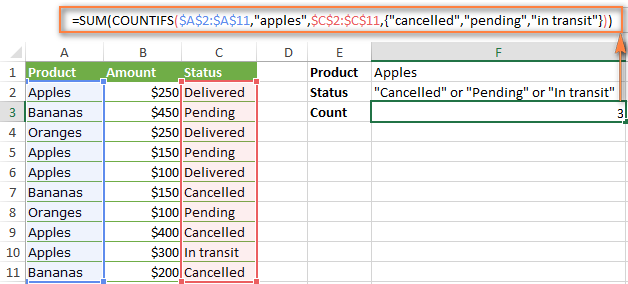Counting cells with multiple criteria_range / criteria pairs and OR logic