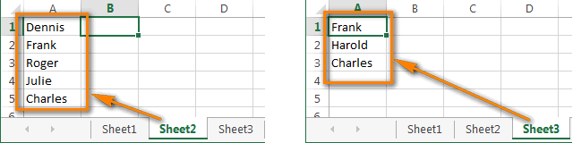 Two columns are located on different sheets