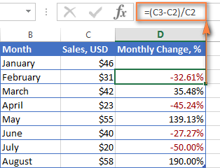 Excel formula to calculate percent change between rows