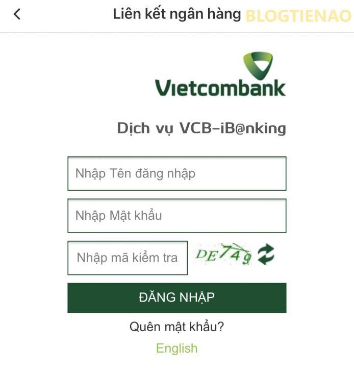 Đăng nhập tài khoản ngân hàng cần liên kết với ví VinID