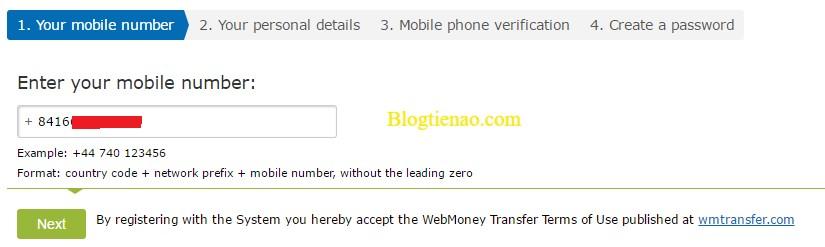 Nhập số điện thoại đăng ký WebMoney
